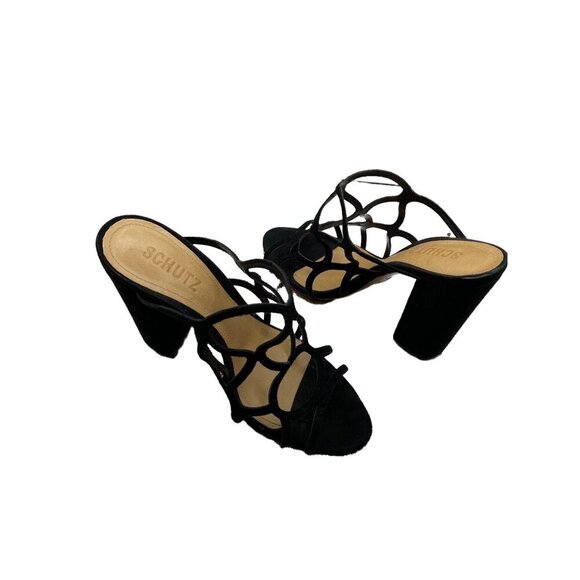 Schutz Black Caged Open Toe Block Heel Shoes Sz 8.5 - Picture 3 of 8